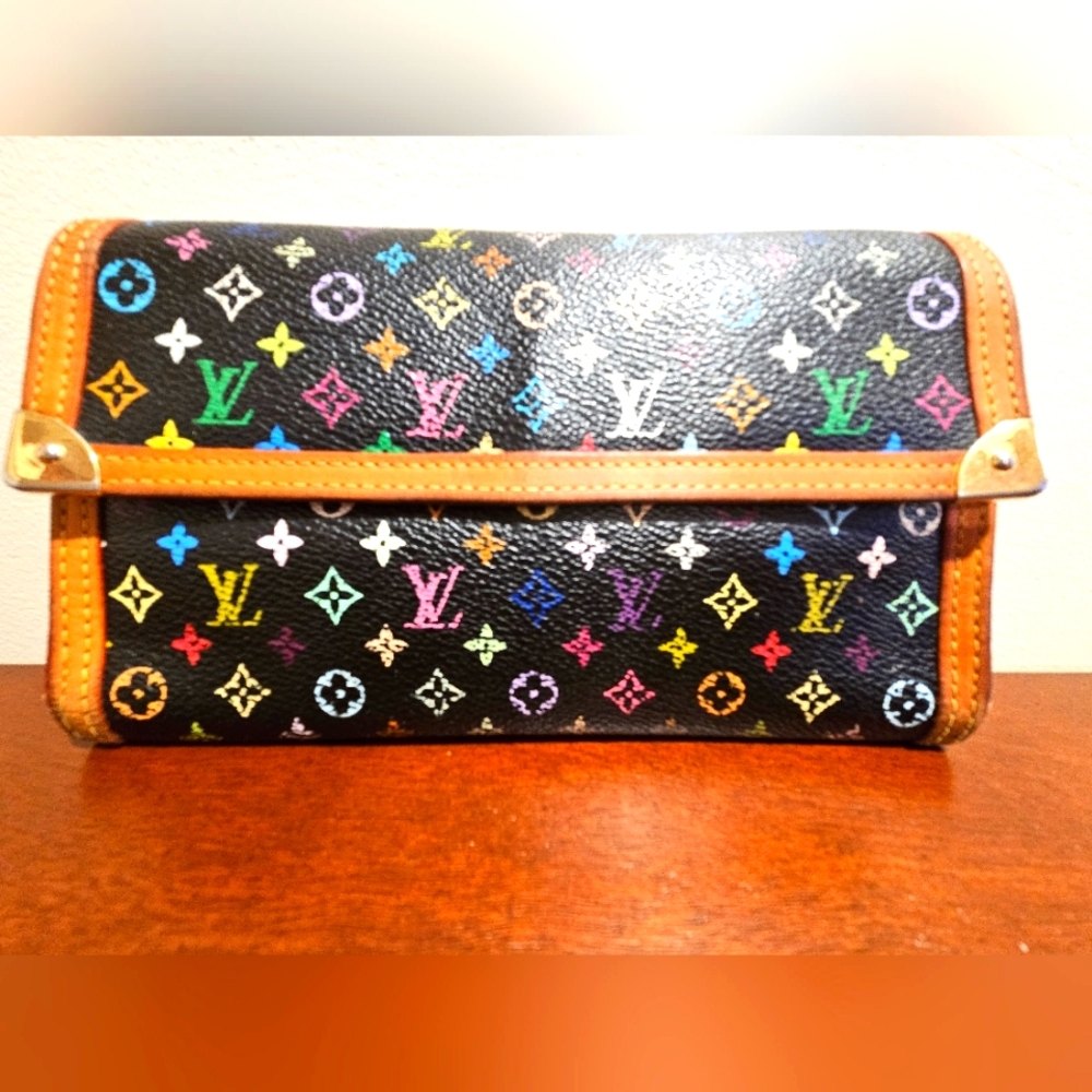 Louis Vuitton Murakami Black Multi Color Bifold Long Wallet
